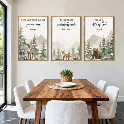 HPNIUB Woodland Animal Christian Framed Wall Art Set,Bible Verse Quote Wall Decor,Nature Forest Religious Art Print,Misty Forest Deer Bear Fox Artwork for Nursery,Kids Bedroom,Study Room-24"x36"x3