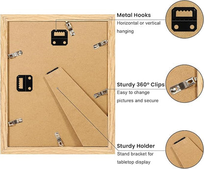 YESKAY 8x10 Picture Frame Set of 9, Display Pictures 5x7 with Mat or 8 x 10 Without Mat, Multi Photo Frames for Wall Mounting or Table Top Display, Natural Oak