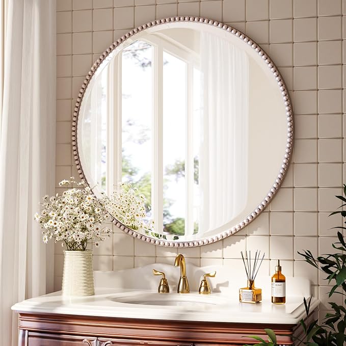 28 Inch Round Bathroom Mirror - Luxurious Retro Beaded Circle Decorative Wall Mirror with PU Frame Hanging Leaning as Art Decor for Entryway, Bedroom, Living Room, Hallway, Silver