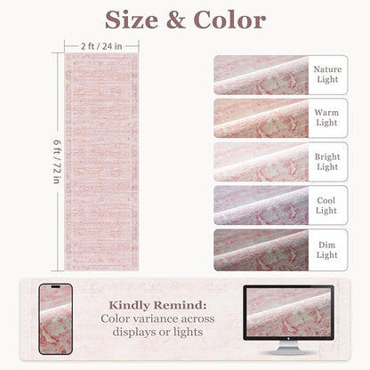 Pink Hallway Runner 2x6, Low Pile Aesthetic Bedside Runner for Bedroom Girls Kids Nursery Dorm, Kitchen Runner Rugs Non Skid Washable, Carpet Runners for Entryway/Foyer/Bedroom/Laundry Room