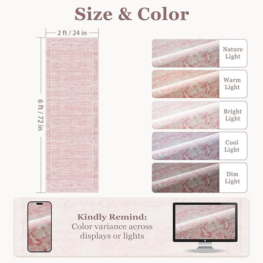 Pink Hallway Runner 2x6, Low Pile Aesthetic Bedside Runner for Bedroom Girls Kids Nursery Dorm, Kitchen Runner Rugs Non Skid Washable, Carpet Runners for Entryway/Foyer/Bedroom/Laundry Room