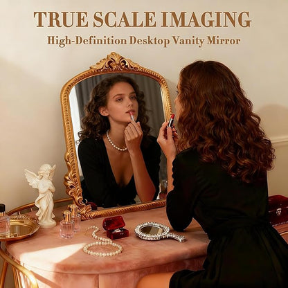 YUSONG Vintage Desk Mirror – 12" Gold Antique Tabletop Mirror with Resin Frame, Decorative Wall Art for Living Room Bedroom Vanity Desk Decor, Birthday Gift