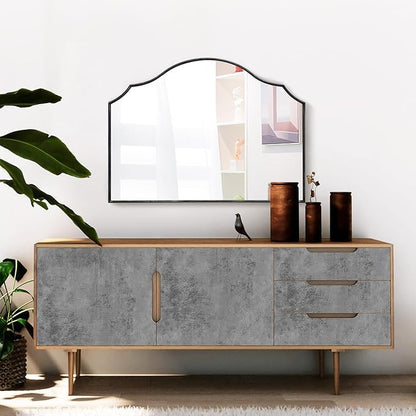 Besdomus Scalloped Arched Mirror for Vanity: 32"x24" Black Modern Minimalist Wooden Wall Mirror - Decorative Dresser Wall for Mantel/Bedroom/Entryway/Hallway - Ideal for 30-60 Age Fashion Women