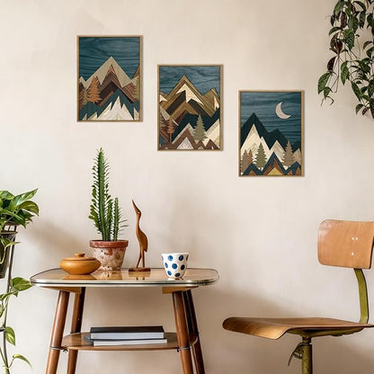BINCUE Boho Mountain Wall Art Framed Landscape Wall Decor Modern Nature Artwork Mountains Wall Pictures Moon Art Landscape Wall Paintings Rustic Prints for Farmhouse Bedroom Living Room Office 12x16 Inch Set of 3