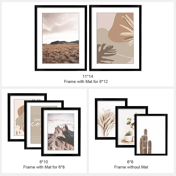 ArtbyHannah Gallery Wall Frame Set,Black Picture Frames Collage Wall Decor with Neutural Art for Living Room Stariway,8 Pack Assorted Size-11"x14",8"x10",6"x8"