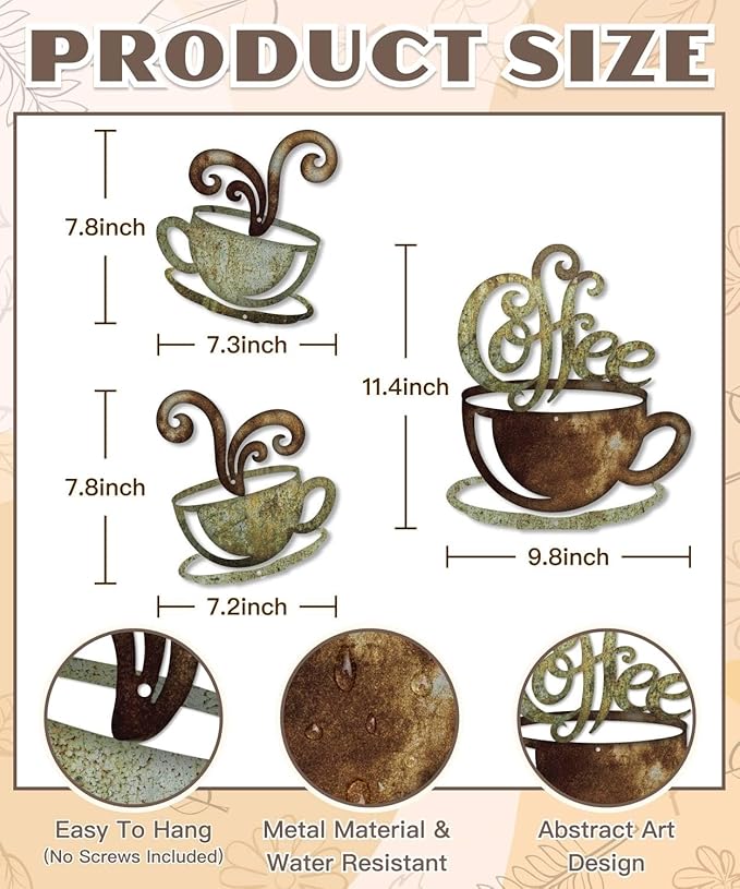 Putuo Decor Rustic Coffee Cup Metal Wall Decor, Vintage Coffee Bar Kitchen Wall Art, Set of 3 Farmhouse Bar Accessories Hanging for Dining Room Cafe Bakery
