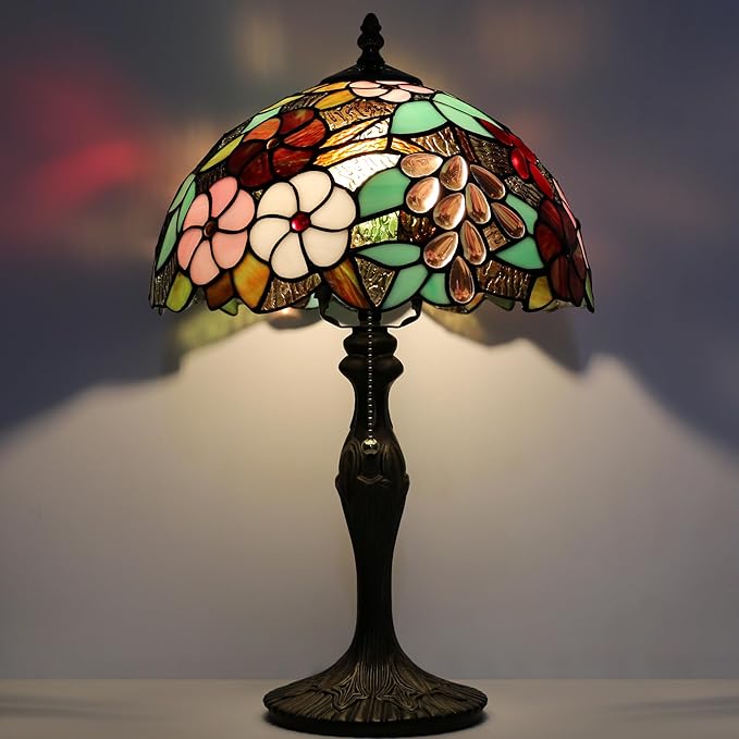 Tiffany Lamp Stained Glass Table Lamp 12 x 19” Grape Style Decorative Lamp Bedside Reading Light for Desk Living Room Bedroom Office Study Light Home Decor Gift