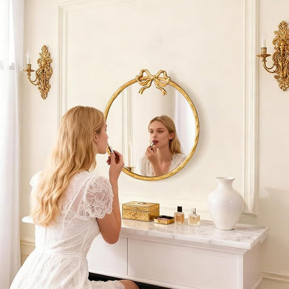 2026 Spring Women's Gifts 16 Inch Vintage Gold Round Wall Mirror, Antique Ornate Metal Circle Mirror with Baroque Bow Decor for Bathroom Vanity, Bedroom(Gold, 16" Lx16 W)