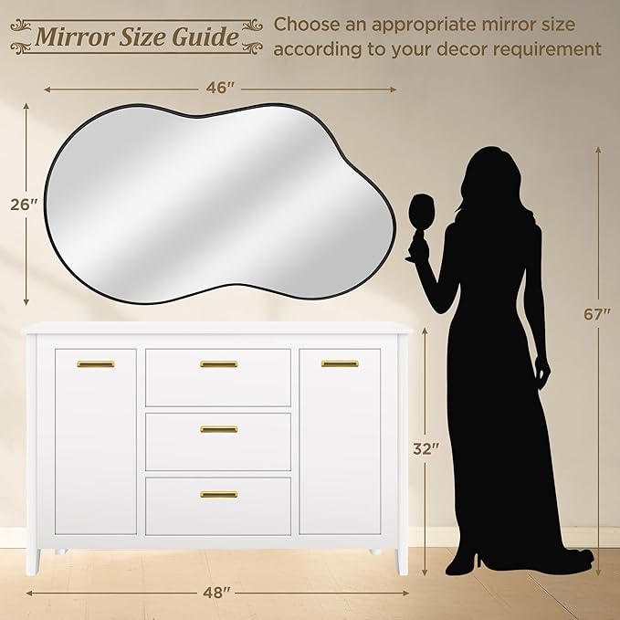 Dorlicecass Bathroom Mirror - Black Irregular Wall Mirrors Decorative 26"x46" Asymmetrical Tempered Glass Aviation Aluminum Alloy Frame for Vanity, Bedroom, Living Room, Cloakroom, Entryway