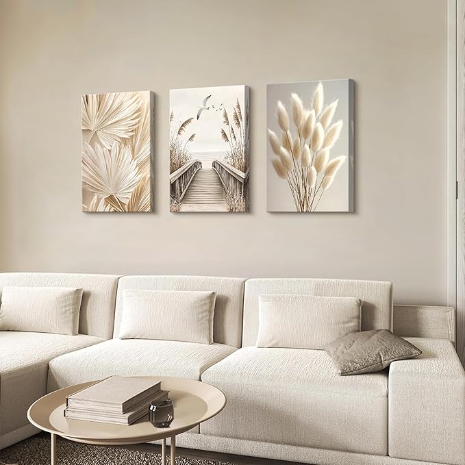 3 Pcs Beige Reeds Botanical Framed Canvas Wall Art Neutral Palm Fronds Wall Paintings Quiet Beach Landscapes Art Prints Picture Home Decor for Bedroom Living Room Office Reay to Hang 16"x24"x3Pcs