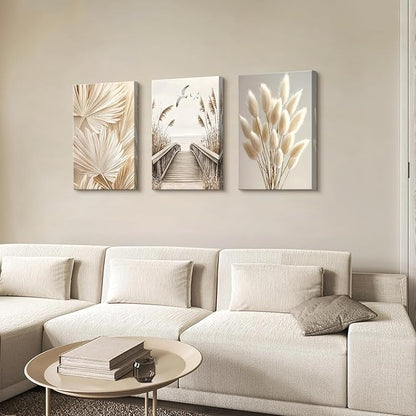 3 Pcs Beige Reeds Botanical Framed Canvas Wall Art Neutral Palm Fronds Wall Paintings Quiet Beach Landscapes Art Prints Picture Home Decor for Bedroom Living Room Office Reay to Hang 16"x24"x3Pcs
