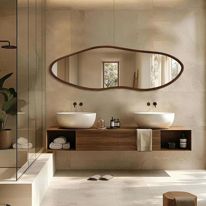 Irregular 65"x22" Wood Frame Full Length Mirror, Long Wall-Mounted Mirrors, Large Body Hanging Mirror for Living Room, Decorative Vanity Mirrors for Entryway, Bedroom,Horizontal/Vertical, Walnut