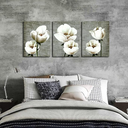 Lapremoly Canvas Wall Art For Bedroom Room Modern Wall Decor For Living Room Gray Green Vintage Style Wall Painting Artwork White Flowers Abstract Pictures 3 Panels Ready To Hang Kitchen Home Decor
