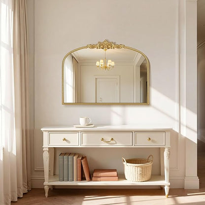 Gold Vintage Mirror 32x24 Inch, Laurel Leaf Ornate Beaded Frame Decorative Vanity Mirror, Antique Style Horizontal Bathroom Mirror for Living Room, Entryway，Dresser, Mantle