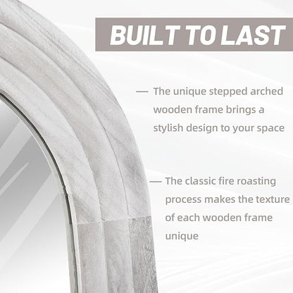 ZHUNFA Arched Full Length Mirror with Solid Wood Frame, 65x22 Farmhouse Wall Mirror Full Length with Stand, Vertical Hanging, Leaning Standing for Bedroom, Living Room, Rustic White
