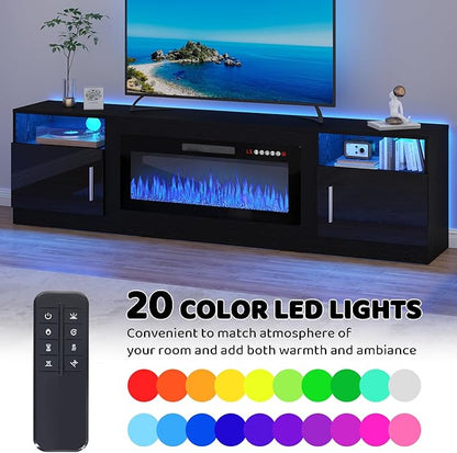 Lemberi Fireplace tv Stand with 36 inch Fireplace Up to 90" TVs, LED Light Entertainment Center and Storage, 80" Modern Wood Media TV Console with Highlight Cabinet for Living Room (Black)