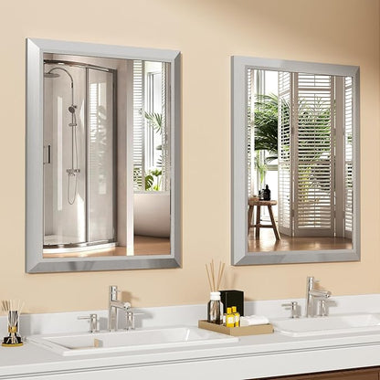 SMIROR Brushed Silver Bathroom Mirror for Over Sink, 24”x 36” Metal Thick Framed Rectangle Vanity Mirror for Wall, Right Angle Corner, Anti-Rust, Horizontally or Vertically Mounted