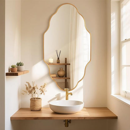 Scalloped Mirror for Bathroom - 24"x36" Gold Bathroom Mirror with Aviation Aluminum Alloy Frame & Shatter-Proof Glass for Living Room Bedroom Entryway, Brushed Gold Frame(x1)