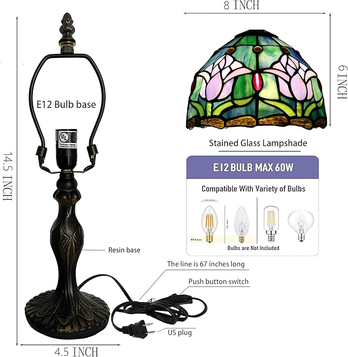 Tiffany Style Lamp Stained Glass Table Lamp 8" x 14.5" Mini Accent Light Pink Tulip Design Small Decorative Bedside Bedroom Living Room Memory Lamp