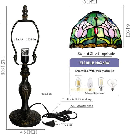 Tiffany Style Lamp Stained Glass Table Lamp 8" x 14.5" Mini Accent Light Pink Tulip Design Small Decorative Bedside Bedroom Living Room Memory Lamp