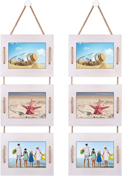 DLQuarts 5x7 Hanging Picture Frames Collage Wall Decor, 3-Frame Set, 3.5x5 with Mat or 5x7 Without Mat, Rustic Solid Wood Photo Frame Pack of 2 Vintage White