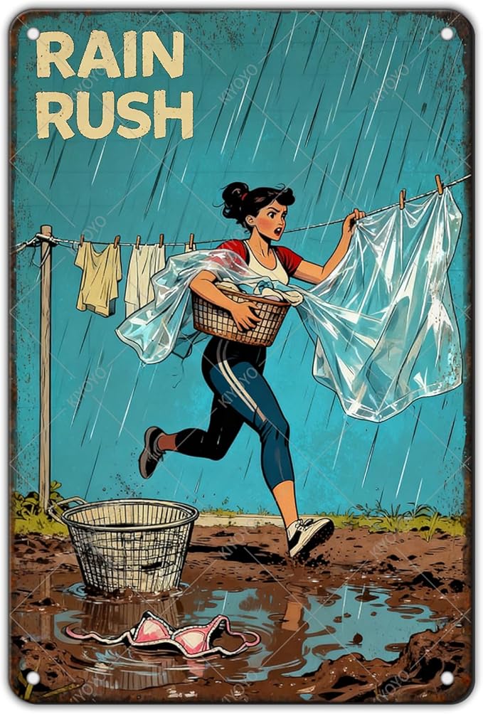 Rain Rush Laundry Vintage Tin Sign Funny Sarcastic Retro Housewife Design Mom Laundry Room Wall Decor 12x8 Inch
