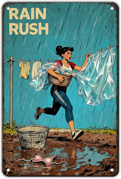 Rain Rush Laundry Vintage Tin Sign Funny Sarcastic Retro Housewife Design Mom Laundry Room Wall Decor 12x8 Inch