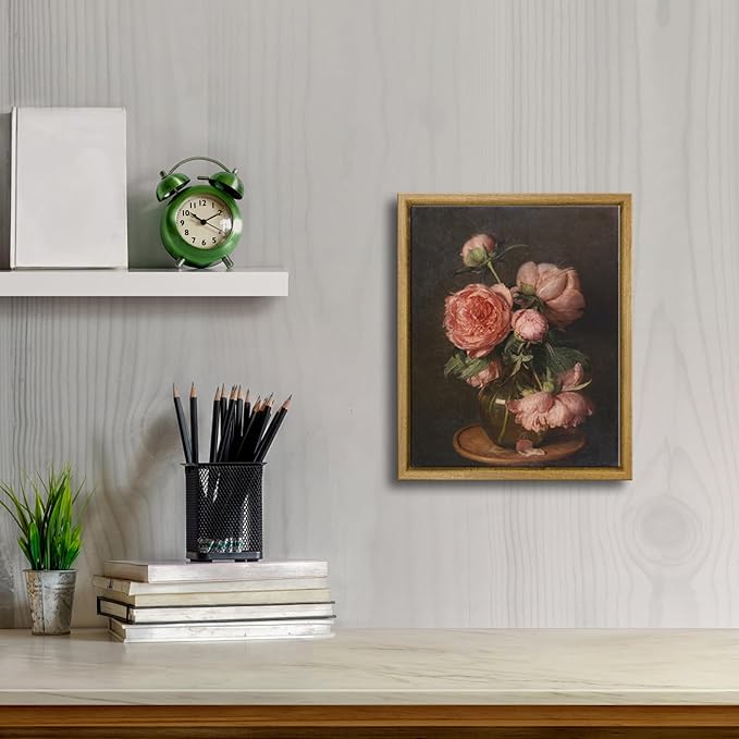 Pyradecor Framed Wall Art Vintage Coquette Room Decor Pfingstrosen Canvas Prints Classical Floral Painting for Living Room Bedroom Farmhouse Decorations