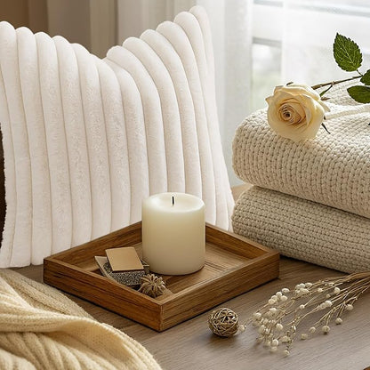 decorUhome Summer Cozy Faux Fur Throw Pillow Covers 22x22 Set of 2 Decorative Plush Striped Modern Farmhouse Boho Couch Euro Sham Pillow Cases with Velvet Back for Sofa Bed Living Room, Cream White