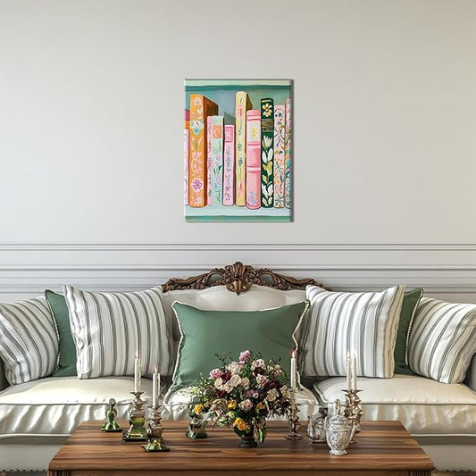 Book Wall Art Vintage Flower Books Canvas Wall Decor Pastel Bookshelf Artwork Painting Pictures Colorful Book Stack Posters Prints for Living Room Bedroom Reading Nook 12x16 Inch Framed