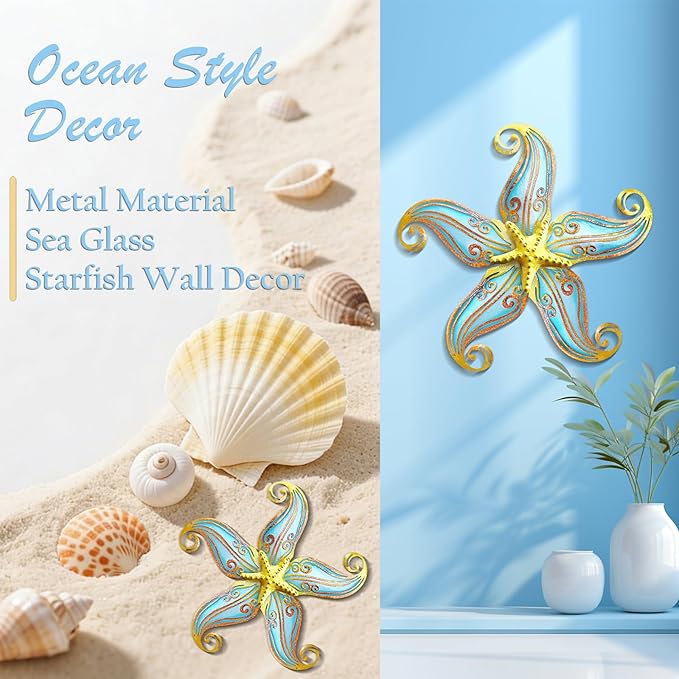 Starfish Outdoor Wall Decor, 12" Hanging Metal & Glass Sculpture for Indoor and Outdoor, Coastal Beach Ocean Gift for Garden Fence Patio(Blue)