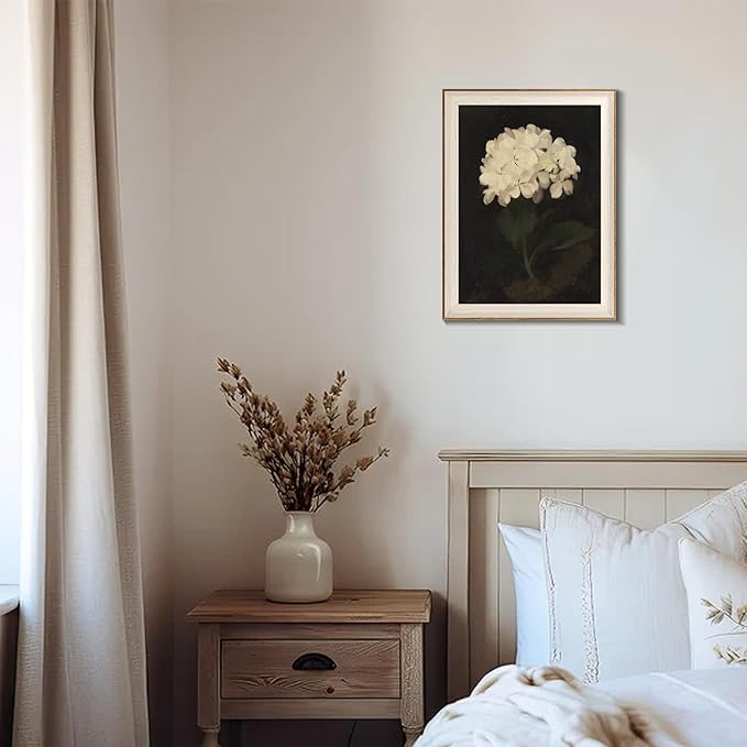 Framed Flower Wall Art, Vintage White Hydrangea Still Life Floral Art Prints, Moody Vintage Canvas Oil Painting, Antique Botanical Floral Wall Decor Pictures for Bedroom, Kitchen, Shelf, Bathroom Wall Decor - 12x16Inch