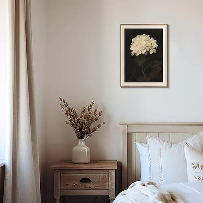Framed Flower Wall Art, Vintage White Hydrangea Still Life Floral Art Prints, Moody Vintage Canvas Oil Painting, Antique Botanical Floral Wall Decor Pictures for Bedroom, Kitchen, Shelf, Bathroom Wall Decor - 12x16Inch