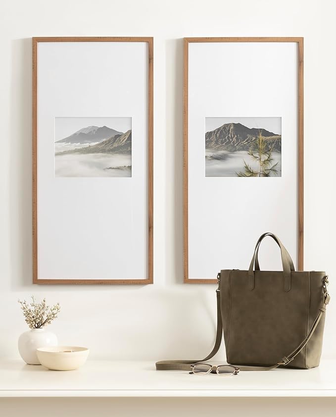 Kate and Laurel Gallery Rectangular Panel Picture Frame Set of 2, 14 x 30 matted to 8 x 10, Brown, Modern Tall Two-Piece Photo Frame Set for Gallery Wall Decor in Living Room Wall Display