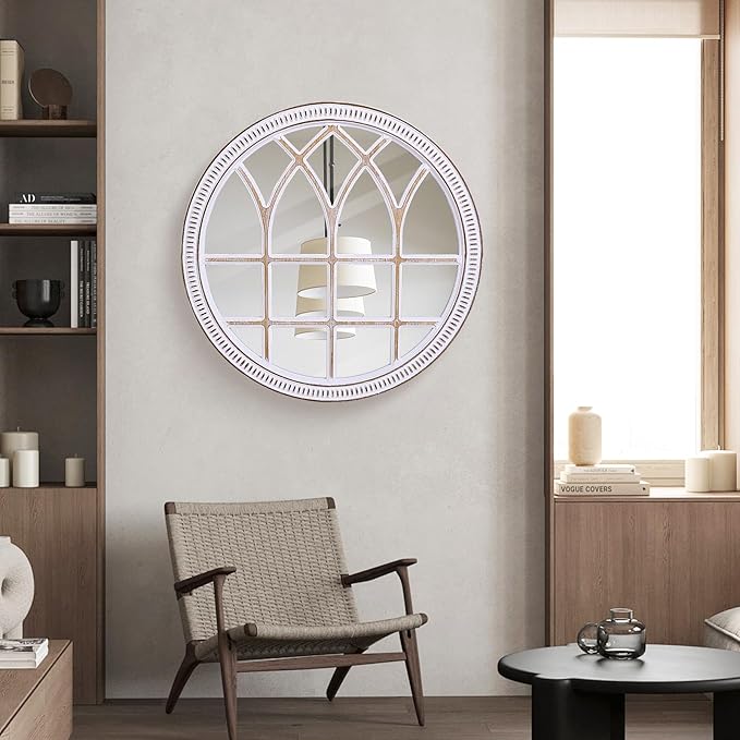 HOITUZYUS 30 Inch Round Farmhouse Window Pane Mirror, Distressed Wood Framed Decorative Wall Mirror for Living Room, Entryway, Above Fireplace