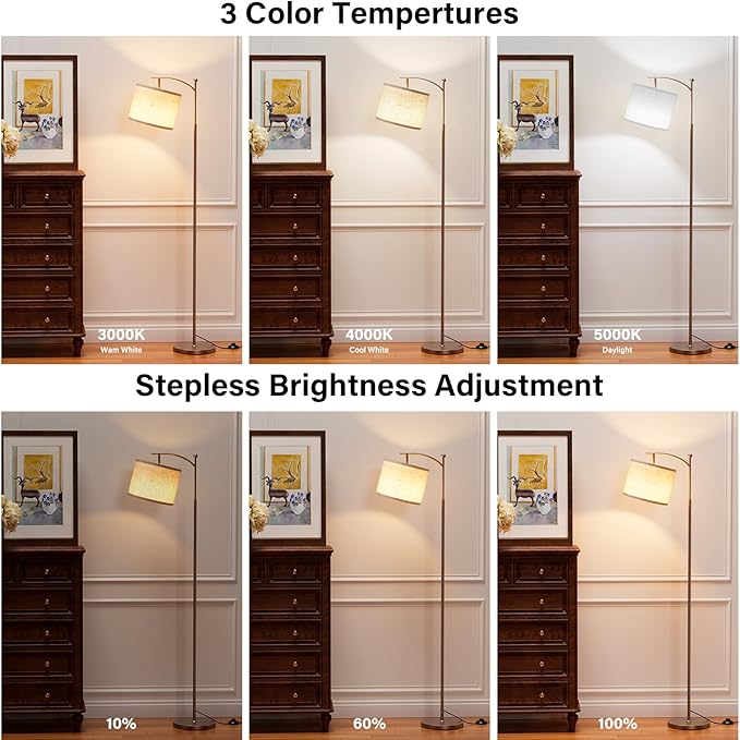 Ambimall 60" Floor Lamp with Remote Control and Stepless Dimmable Bulb, Colors Temperature & Brightness Adjustable, Modern Floor Lamps for Living Room, Beige Shade & Brown Pole