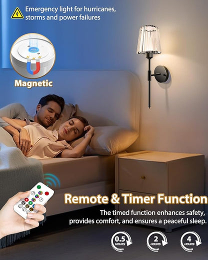 Adetu Crystal Battery Operated Wall Sconces Set of Two, Gold Rechargeable Wall Lights with 10000mAh Dimmable Magnetic Bulb, RGB Rechargeable Battery Wall Sconce with Remote Control for Bedroom Decor