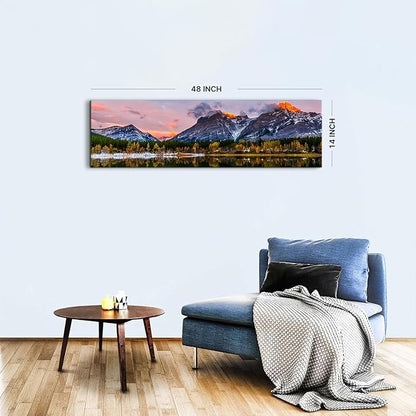 Sunset Landscape Canvas Wall Art for Living Room Wall Decor Snow Mountain Forest River Nature National Park Scenery Picture Prints Framed Artwork for Bedroom Bathroom Office Home Decoration 14x48"