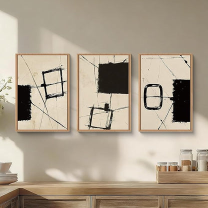 HOURIA Nordic Abstract Black & Beige Brush Stroke Framed Canvas Wall Art Set,Minimalist Geometric Grunge Line Shapes Ink Sketch Decor,Neutral Modern Drawing Artwork for Living Room,Farmhouse-16"x24"x3