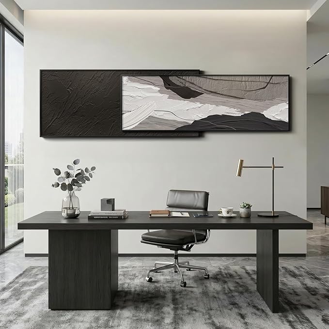 Extra Large Framed Black and White Abstract Wall Art for Living Room, Set of 2 Long Horizontal Modern Canvas Prints Paintings, Minimalist Gray Pictures for Bedroom Dining Room Office Wall Decor