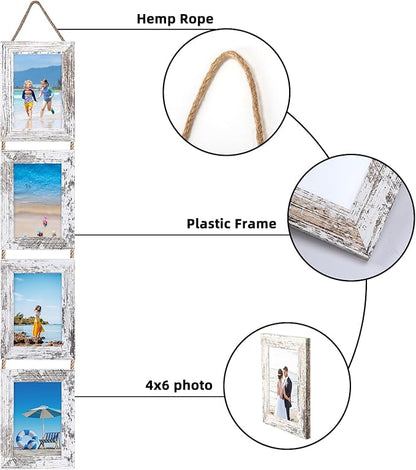 Lavezee 4x6 Hanging Collage Picture Frames Set of 2, 8 Opening Vertical Frame Made to Display 4 by 6 Inch Photo for Wall Decor, Distressed White