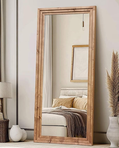 Full Length Mirror 71"x30" Solid Wood Frame Floor Large Mirror for Living Room, Bedroom Hanging or Leaning Wall-Mounted, Light Brown