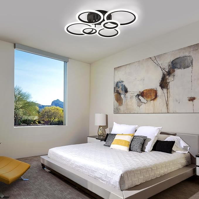Modern LED Flush Mount Ceiling Light, 6 Rings Black Close to Ceiling Light Fixtures, Living Room Lighting Fixture Ceiling Lamp for Kitchen, Bedroom, Laundry Room, 4000K Not Dimmable
