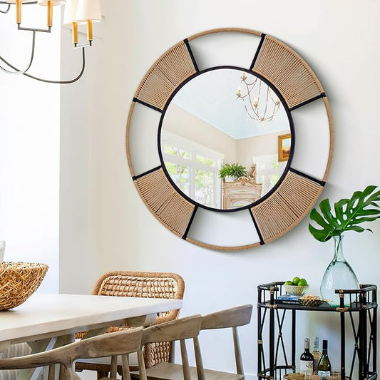 42'' Coastal Large Round Rope Mirror, Nautical Mirror with Detachable Rattan & Black Metal Frame, Farmhouse Mirrors for Rustic Boho Bathroom, Bedroom, Living Room, or Entryway