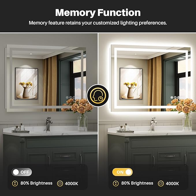 Briivue 40x38 Inch LED Bathroom Mirror with Lights, Backlit & Front Lit, Anti-Fog Lighted Bathroom Vanity Mirror for Wall, Memory Function, Dimmable, HD Tempered Glass, Shatter-Proof