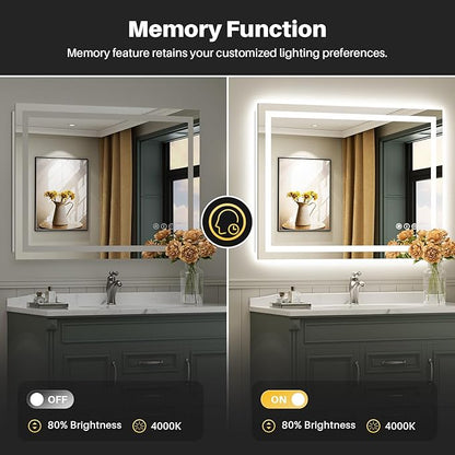 Briivue 40x36 Inch LED Bathroom Mirror with Lights, Backlit & Front Lit, Anti-Fog Lighted Bathroom Vanity Mirror for Wall, Memory Function, Dimmable, HD Tempered Glass, Shatter-Proof