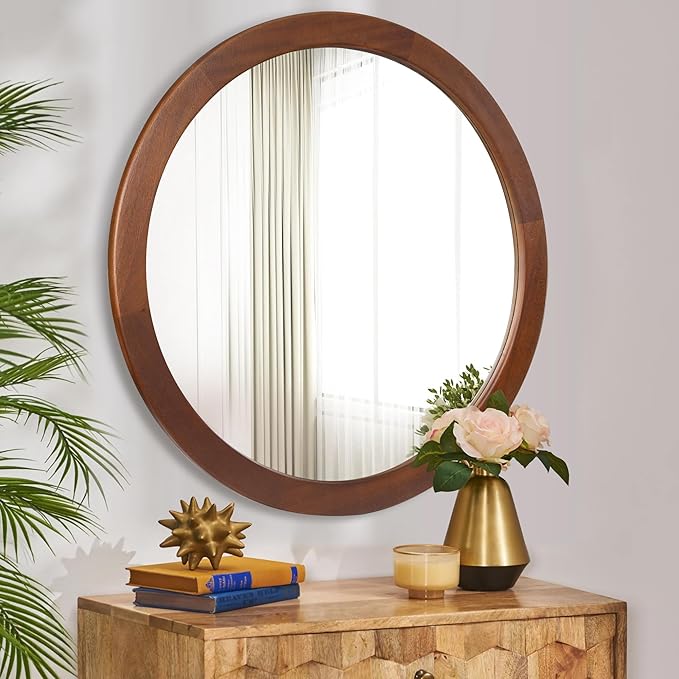 CULER Round Mirror 36 Inch,Wood Rustic Bathroom Tempered Wall Mirror with Walnut Frame,Farmhouse Wooden Vanity Circle Mirrors for Living Room,Entryway or Bedroom（Walnut Brown）