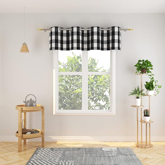 3 Pc Cotton Classic Country Farmhouse Kitchen Window Curtain Grommet Top -Black & White Buffalo Check Tier & Valance Set, 54" x 18" / 32" x 24"