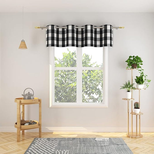 3 Pc Cotton Classic Country Farmhouse Kitchen Window Curtain Grommet Top -Black & White Buffalo Check Tier & Valance Set, 54" x 18" / 32" x 24"