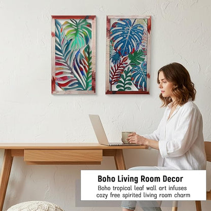 2 Pack Metal Leaf Boho Wall Decor, 3D Leaf Tropical Wall Decor, Metal Palm Leaves Tropical Wall Art, Modern Wall Art, Boho Room Decoration for Living Room, Bedroom and Bathroom, Housewarming Gift